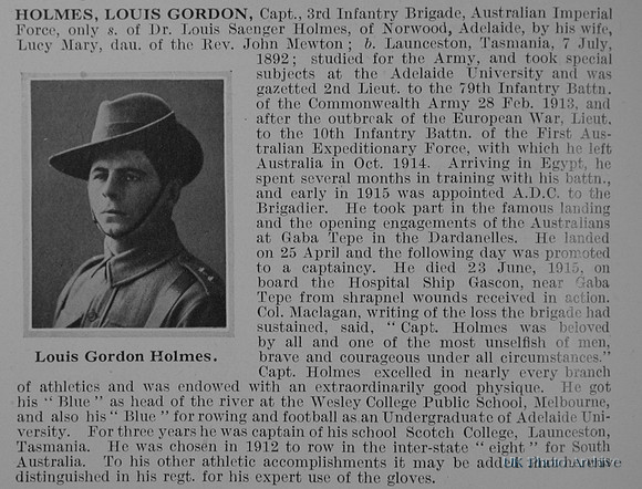Holmes L G Captain 10th Btn Australian Imperial Force Obit