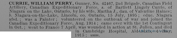 Currie W P Gnr 42467 Canadian Field Artillery Obit