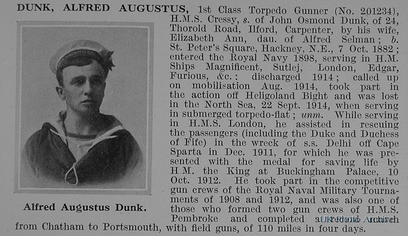 Dunk A A 1st Class Torpedo Gunner 201234 HMS Cressy Royal Navy Obit