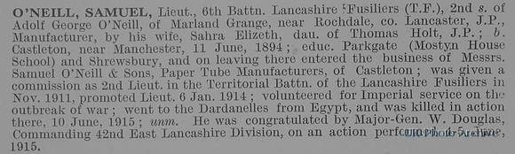 O'Neill S Lt 6th Lancashire Fusiliers Obit De Ruvignys Roll Of Honour Vol 1