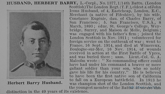 Husband H B L/Cpl 1377 14th London Regiment Obit