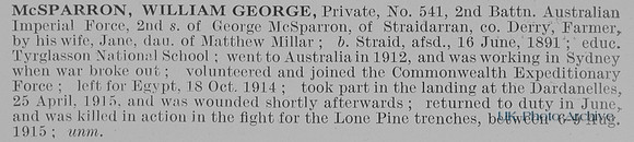 McSparron W G Pte 541 2nd Australian Imperial Force Obit