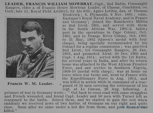 Leader F W M Captain 2nd Connaught Rangers Obit