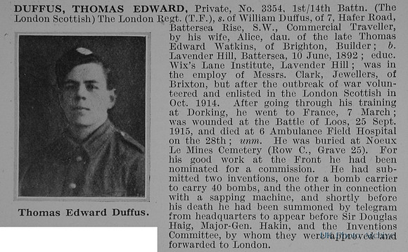 Duffus T E Pte 3354 14th London Regiment Obit