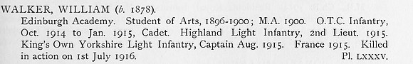 Walker W Captain Kings Own Yorkshire Light Infantry Obit