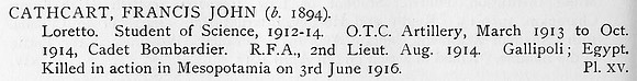 Cathcart F J 2nd Lt Royal Field Artillery Obit