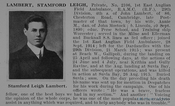 Lambert S L Pte 2106 Royal Army Medical Corps Obit