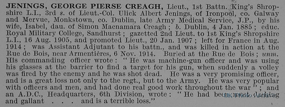 Jenings G P C Lt 1st Kings Shropshire Light Infantry Obit