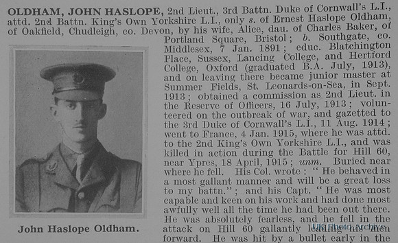 Oldham J H 2nd Lt 3rd Duke Of Cornwalls Light Infantry Obit Part 1 De Ruvignys Roll Of Honour Vol 1