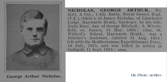 Nicholas G A Pte 2101 4th Royal Sussex Regiment Obit