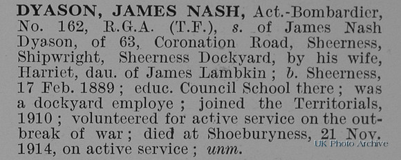 Dyason J N Bmdr 162 Royal Garrison Artillery Obit