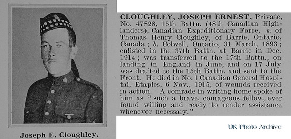 Cloughley J E Pte 47828 15th Canadian Expeditionary Force Obit