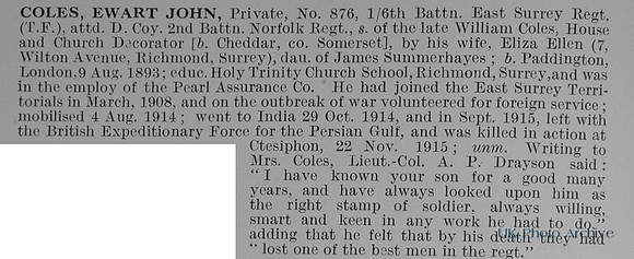 Coles E J Pte 876 6th East Surrey Regiment Obit