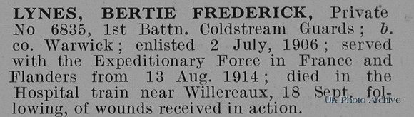 Lynes B F Pte 6835 1st Coldstream Guards Obit