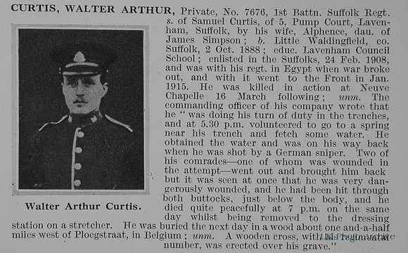 Curtis W A Pte 7676 1st Suffolk Regiment Obit
