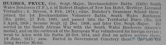 Hughes P Coy Sergt Maj 30 Brecknockshire Battalion South Wales Borderers Obit