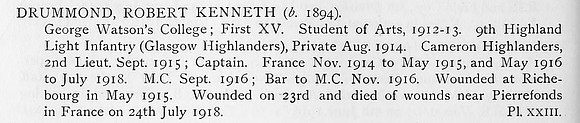 Drummond R K Captain MC + Bar Cameron Highlanders Obit