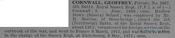 Cornwall G Pte 1667 5th Royal Sussex Regiment Obit