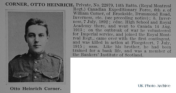 Corner O H Pte 22979 14th Canadian Expeditionary Force Obit
