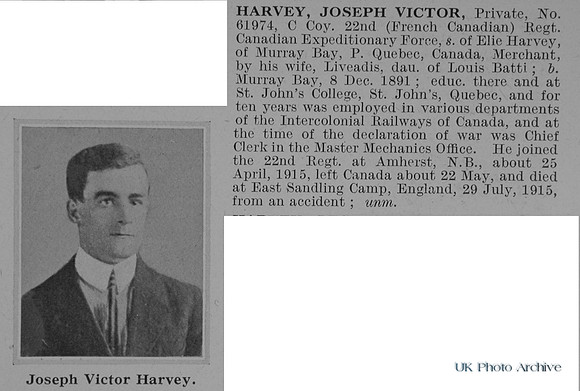 Harvey J V Pte 61974 22nd Canadian Expeditionary Force Obit