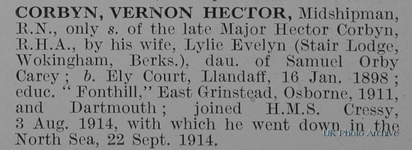 Corbyn V H Midshipman HMS Cressy Royal Navy Obit