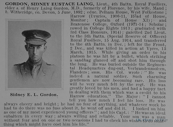 Gordon S E L Lt 4th Royal Fusiliers Obit