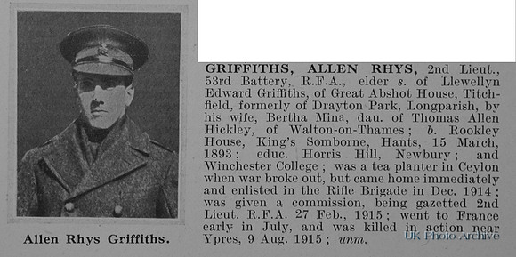 Griffiths A R 2nd Lt Royal Field Artillery Obit