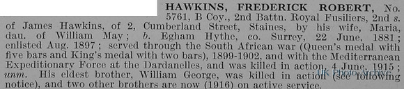 Hawkins F R Pte 5761 2nd Royal Fusiliers Obit