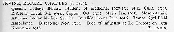 Irvine R C Captain Royal Army Medical Corps Arrd Indian Army Obit