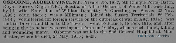 Osborne A V Pte 1837 5th Royal Sussex Regiment Obit De Ruvignys Roll Of Honour Vol 1
