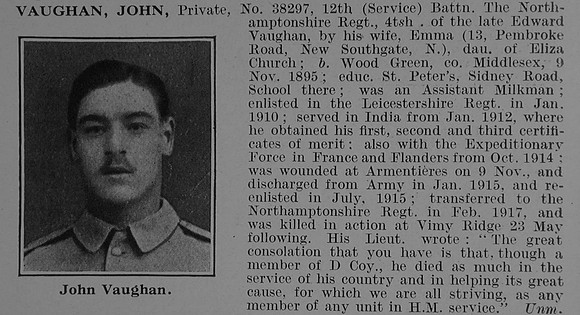 Vaughan J Pte 38297 12th Northamptonshire Regiment Obit De Ruvignys Roll Of Honour Vol 3