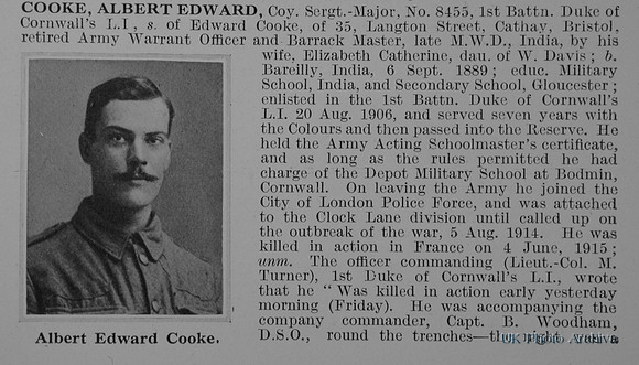 Cooke A E Coy Sergt Major 8455 1st Duke Of Cornwalls Light Infantry Obit Part 1
