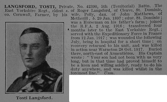 Langsford T Pte 5th East Yorkshire Regiment Obit De Ruvignys Roll Of Honour Vol 3