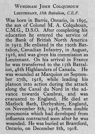 Colquhoun W J Lt 15th CEF Obit Bank Of Montreal Memorial Of The Great War