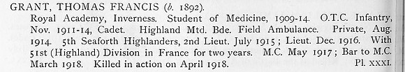 Grant T F Lt MC + Bar 5th Seaforth Highlanders Obit