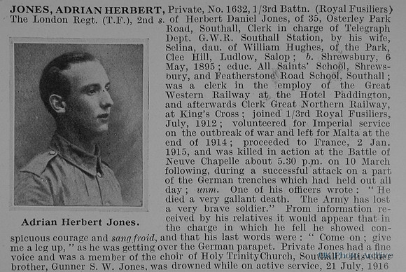 Jones A H Pte 1632 3rd London Regiment Obit