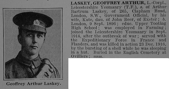 Laskey G A L/Cpl Leicestershire Yeomanry Obit De Ruvignys Roll Of Honour Vol 3