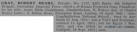 Gray R H Pte 1157 24th Australian Imperial Force Obit
