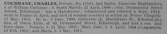 Cochrane C Pte 11101 2nd Cameron Highlanders Obit