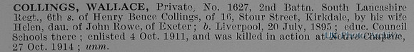 Collings  Pte 1627 2nd South Lancs Regiment Obit