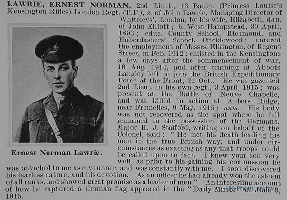 Lawrie E N 2nd Lt 13th London Regiment Obit