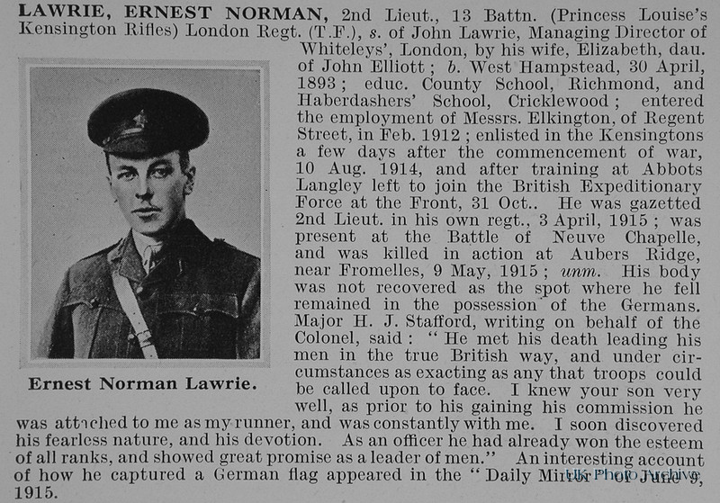 UK Photo And Social History Archive: L &emdash; Lawrie E N 2nd Lt 13th London Regiment Obit