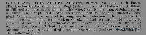 Gilfillan J A A Pte 2528 14th London Regiment Obit