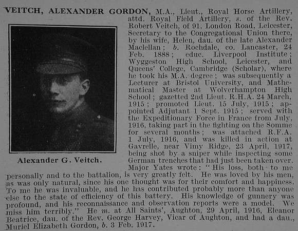 Veitch A G Lt Royal Horse Artillery Obit De Ruvignys Roll Of Honour Vol 3