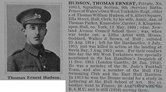 Hudson T E Pte 10813 9th West Yorkshire Regiment Obit