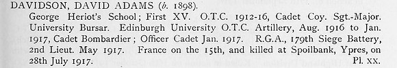 Davidson D A 2nd Lt Royal Garrison Artillery Obit