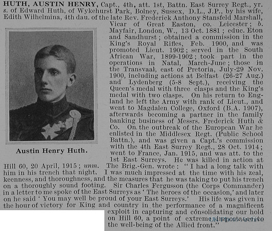 Huth A H Captain 1st East Surrey Regiment Obit