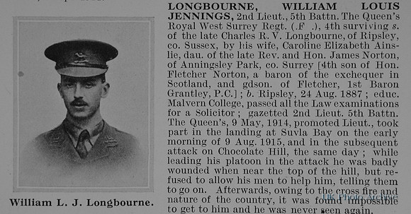 Longbourne W L J 2nd Lt 5th Queens West Surrey Regiment Obit