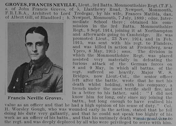 Groves F N Lt 3rd Monmouthshire Regiment Obit