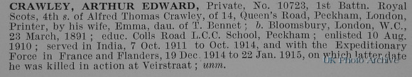 Crawley A E Pte 10723 1st Royal Scots Obit De Ruvignys Roll Of Honour Vol 1